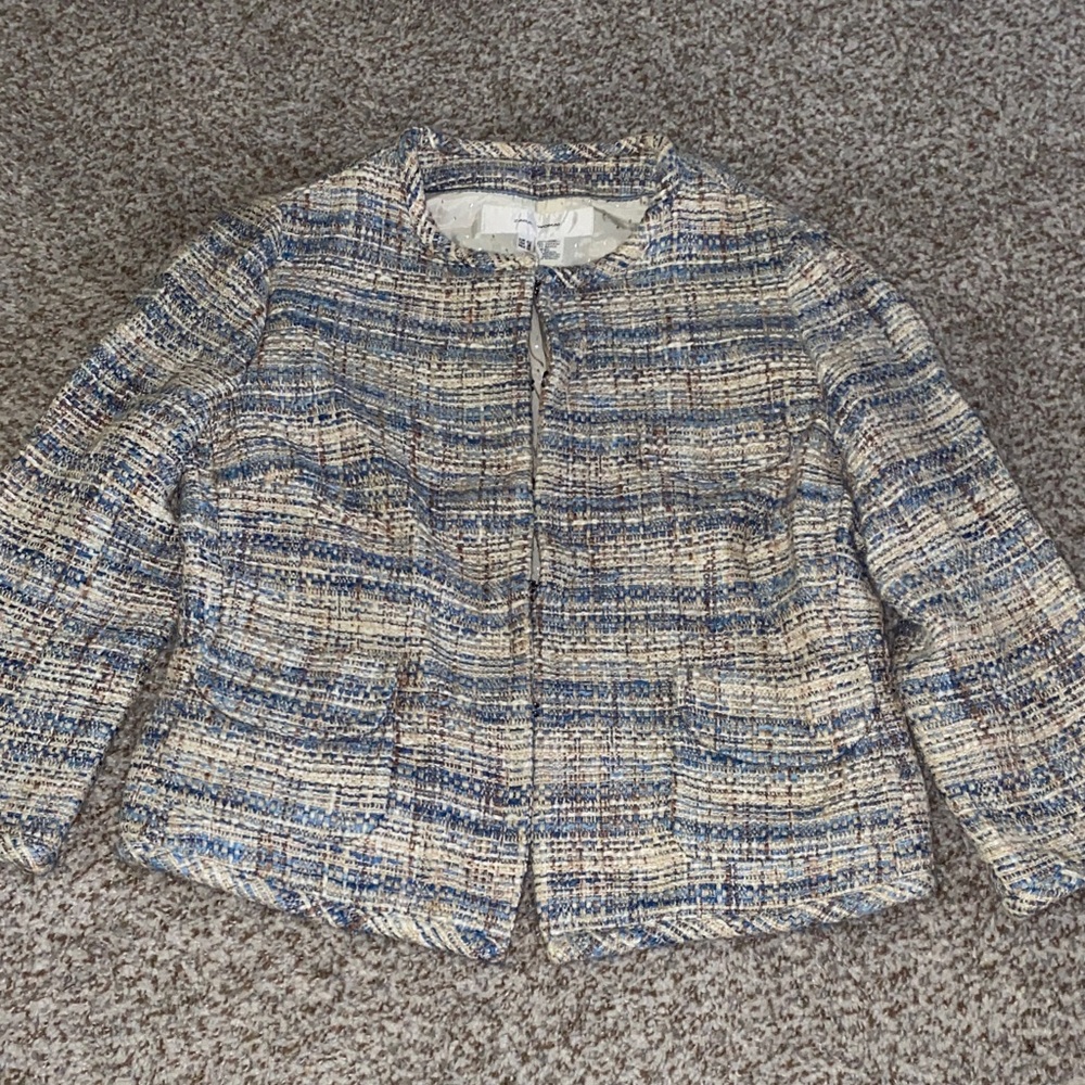 Zara Blue and Cream Tweed Collarless blazer